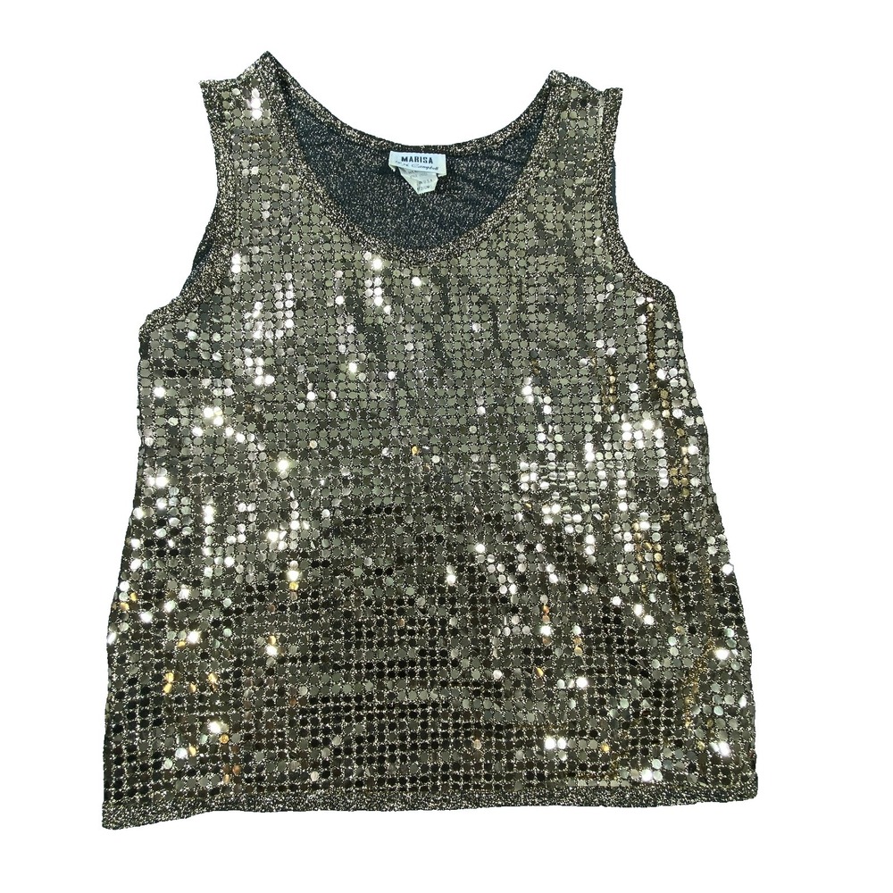 Vintage Marisa Sequin Tank Top Women M Gold Sparkle Cocktail Metallic Thread USA